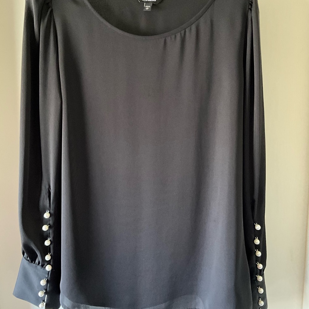 Beautiful black dress blouse with pearl button detail on sleeves, size medium.